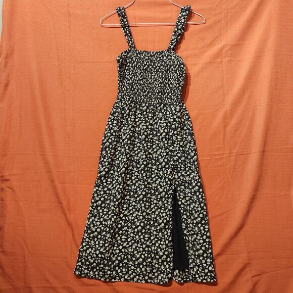Abercrombie & Fitch Sz Small Black Floral Square Neck Smocked Slit Midi Dress - Picture 1 of 9